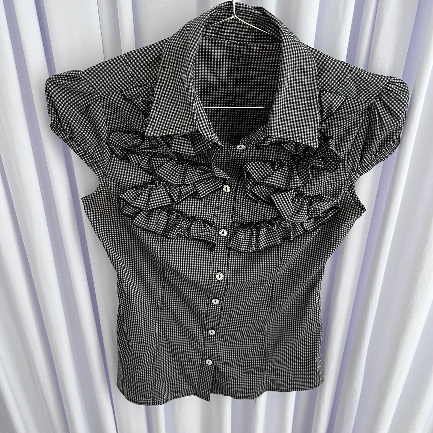 Vintage Preppy Dark Coquette Puff Sleeve Black Gingham Check Ruffle Blouse