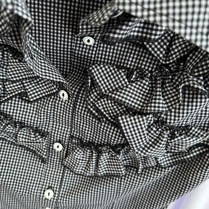 Vintage Preppy Dark Coquette Puff Sleeve Black Gingham Check Ruffle Blouse