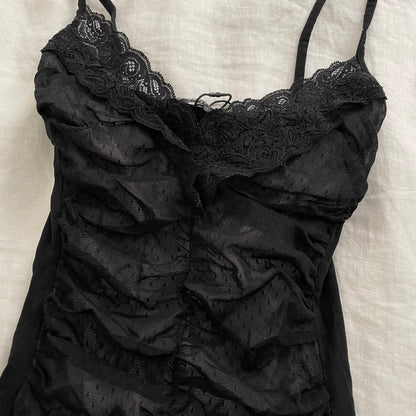 morgan de toi coquette romantic ruched polka dot tulle layered lace trim camisole