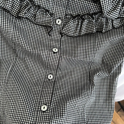 Vintage Preppy Dark Coquette Puff Sleeve Black Gingham Check Ruffle Blouse