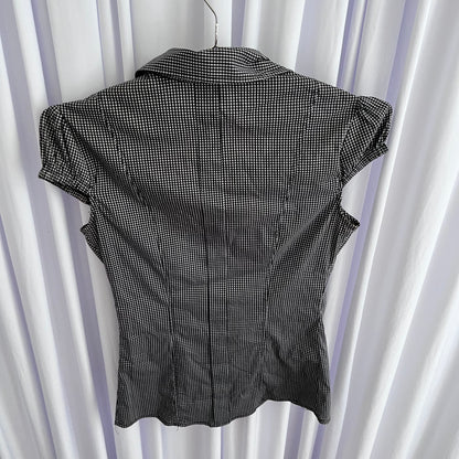 Vintage Preppy Dark Coquette Puff Sleeve Black Gingham Check Ruffle Blouse