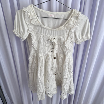 Liz Lisa Coquette Cottage White Puff Sleeve Broderie Anglaise Cinched Waist Babydoll Ruffle Blouson