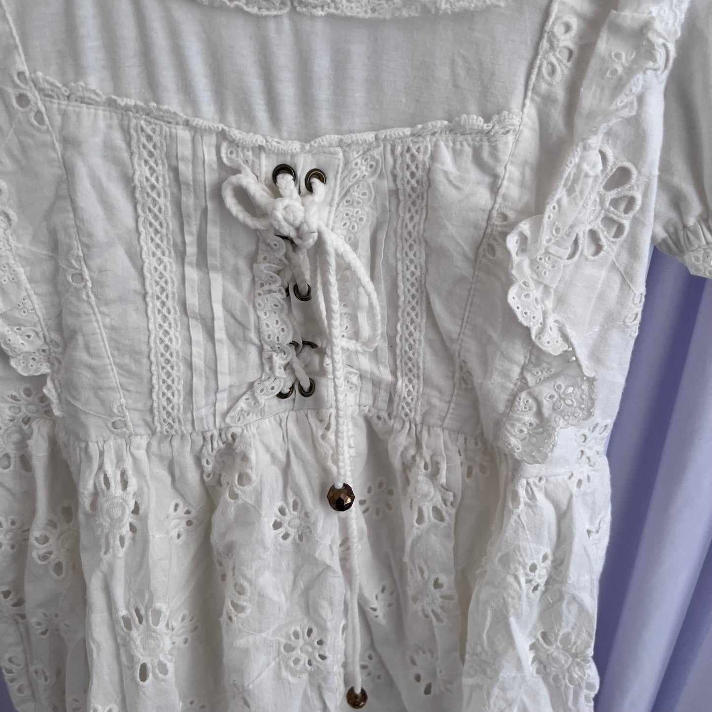 Liz Lisa Coquette Cottage White Puff Sleeve Broderie Anglaise Cinched Waist Babydoll Ruffle Blouson