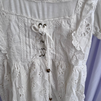 Liz Lisa Coquette Cottage White Puff Sleeve Broderie Anglaise Cinched Waist Babydoll Ruffle Blouson