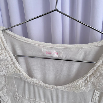 Liz Lisa Coquette Cottage White Puff Sleeve Broderie Anglaise Cinched Waist Babydoll Ruffle Blouson