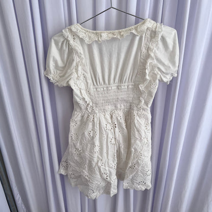 Liz Lisa Coquette Cottage White Puff Sleeve Broderie Anglaise Cinched Waist Babydoll Ruffle Blouson