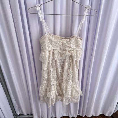 Coquette White Cream Miss Pumpkin Lacey Ruched Bust Puff Hem Mini Dress