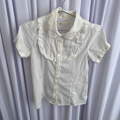 Ank Rouge White Dainty Coquette Cottage Puff Sleeve Pearl Button Frill Milkmaid Blouse