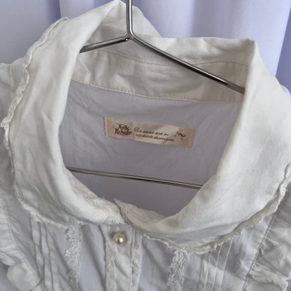Ank Rouge White Dainty Coquette Cottage Puff Sleeve Pearl Button Frill Milkmaid Blouse