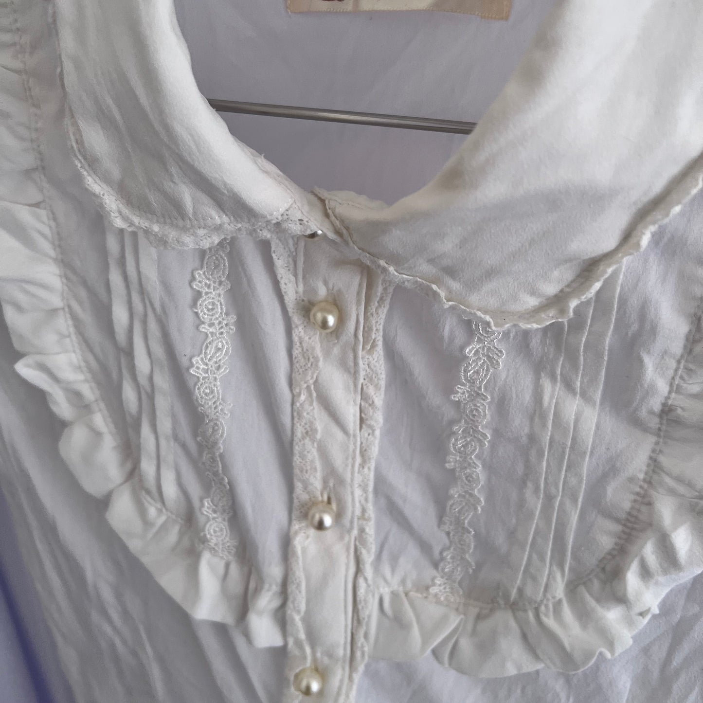 Ank Rouge White Dainty Coquette Cottage Puff Sleeve Pearl Button Frill Milkmaid Blouse
