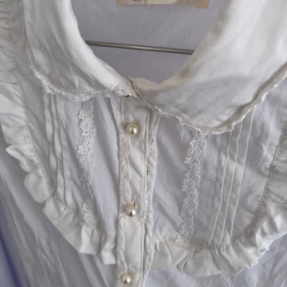 Ank Rouge White Dainty Coquette Cottage Puff Sleeve Pearl Button Frill Milkmaid Blouse