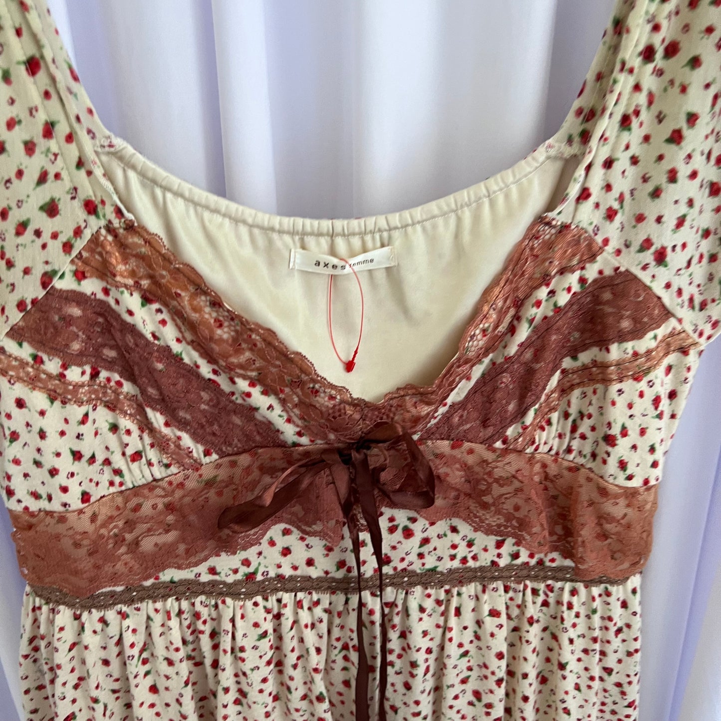 Axes Femmes Beige Floral Print Lace Trim Ribbon Milkmaid Dress