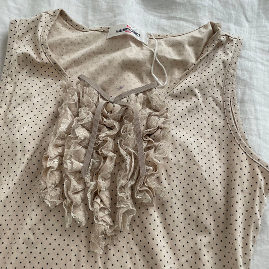 beige gallery visconti polka dot ruffle lace vest tunic top