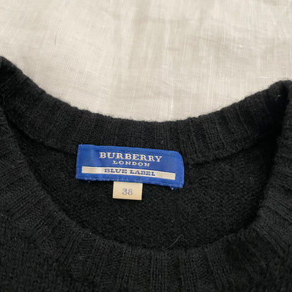 burberry blue label preppy black wool short sleeve knit top with grey italic text