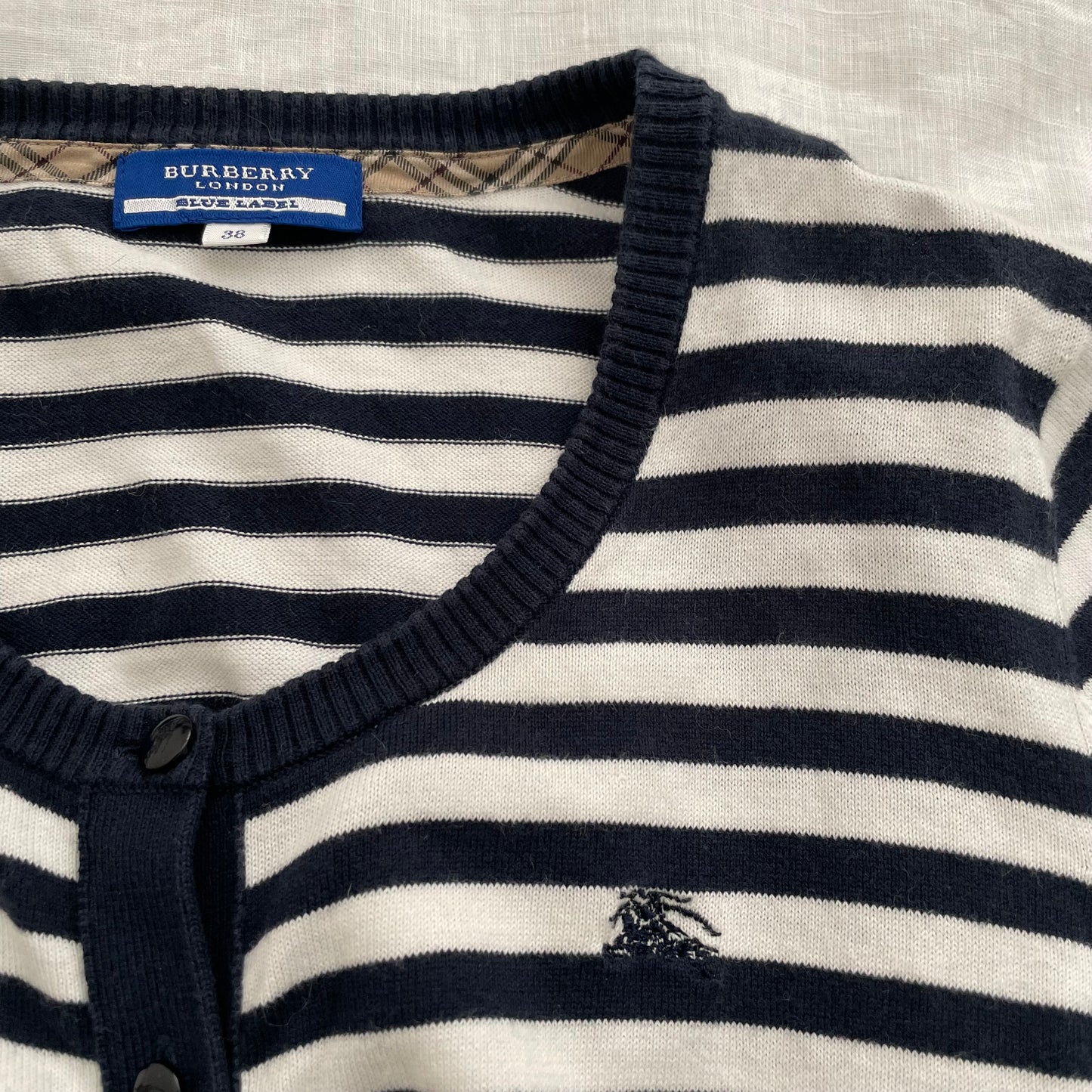 burberry blue label navy white striped puff sleeve crop cardigan