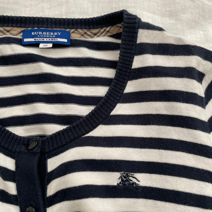 burberry blue label navy white striped puff sleeve crop cardigan