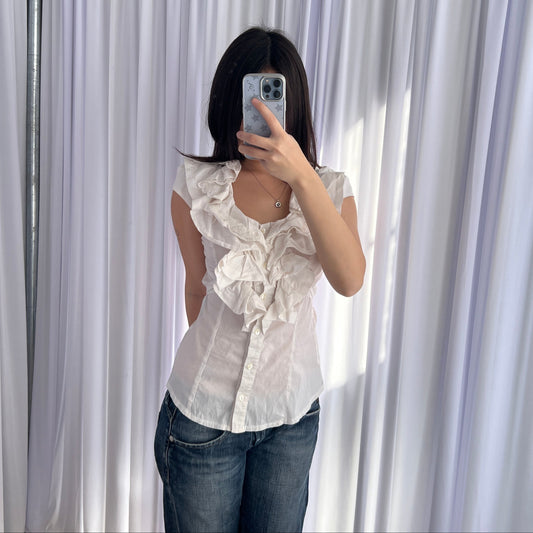 Rinascimento Ivory White Romantic Ruffle Lace French Cap Sleeve Blouse Shirt
