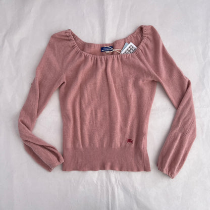Burberry Blue Label Pink Long Sleeve Ruched Neck Wool Cashmere Balloon Sleeve Knit Sweater