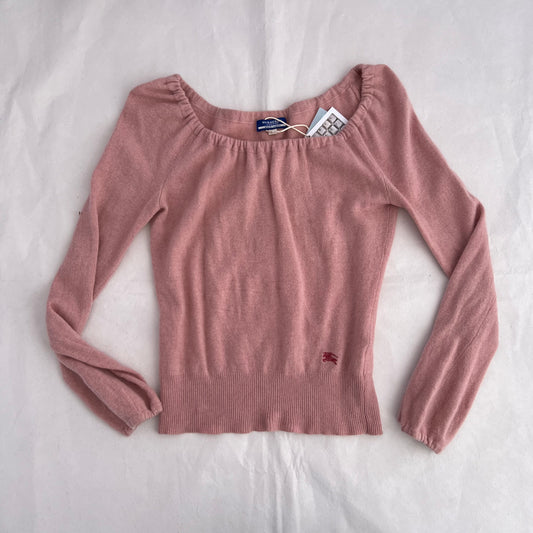 Burberry Blue Label Pink Long Sleeve Ruched Neck Wool Cashmere Balloon Sleeve Knit Sweater