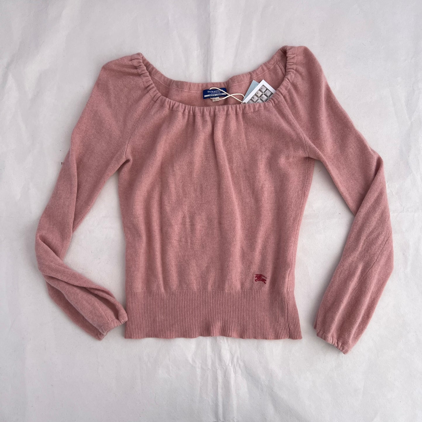 Burberry Blue Label Pink Long Sleeve Ruched Neck Wool Cashmere Balloon Sleeve Knit Sweater