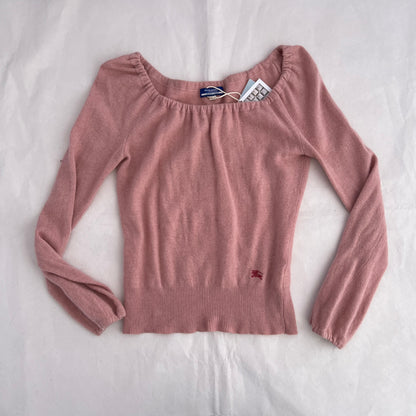 Burberry Blue Label Pink Long Sleeve Ruched Neck Wool Cashmere Balloon Sleeve Knit Sweater