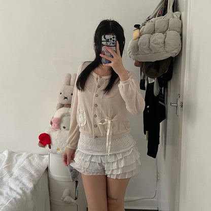 coquette white sheer ruffle tiered beige lace waistband bloomer shorts
