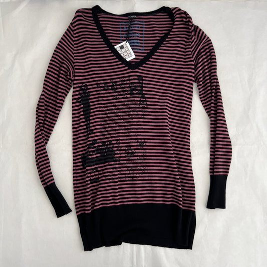 Hysteric Glamour x Destroy All Monsters Pink Black Striped Graphic Print Long Sleeve V Neck Sweater