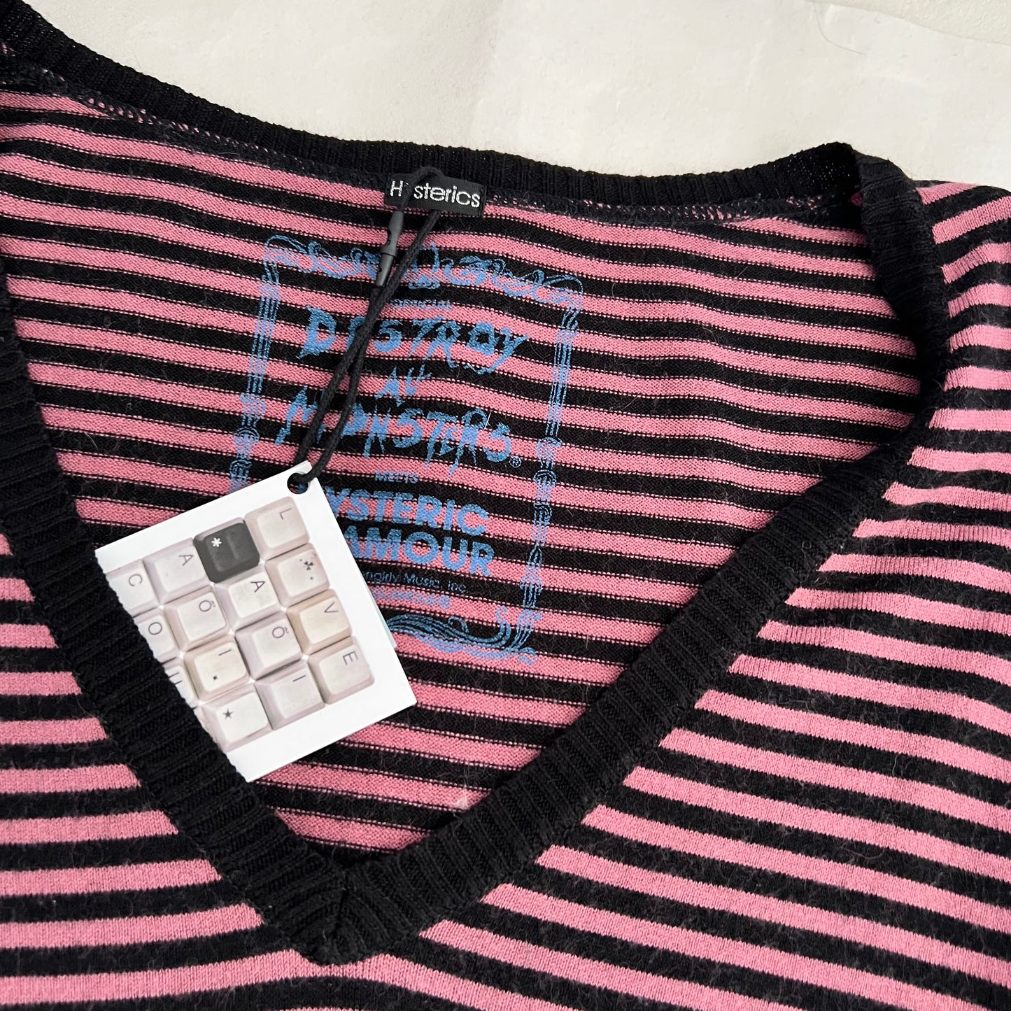 Hysteric Glamour x Destroy All Monsters Pink Black Striped Graphic Print Long Sleeve V Neck Sweater