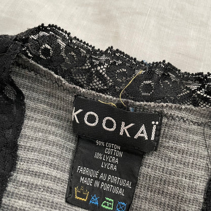 90s kookai preppy grey striped long sleeve cardigan top with black lace trim