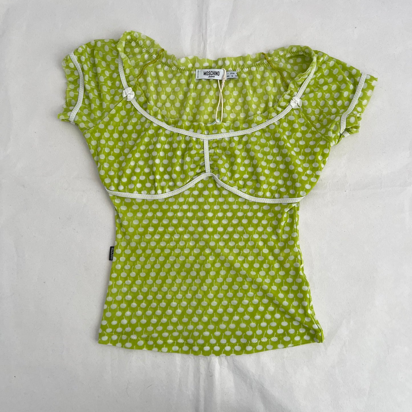 Moschino Light Spring Green Polka Dot Style Milkmaid Ruched Blouson