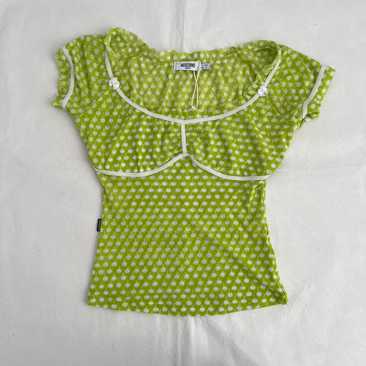Moschino Light Spring Green Polka Dot Style Milkmaid Ruched Blouson