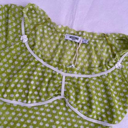 Moschino Light Spring Green Polka Dot Style Milkmaid Ruched Blouson