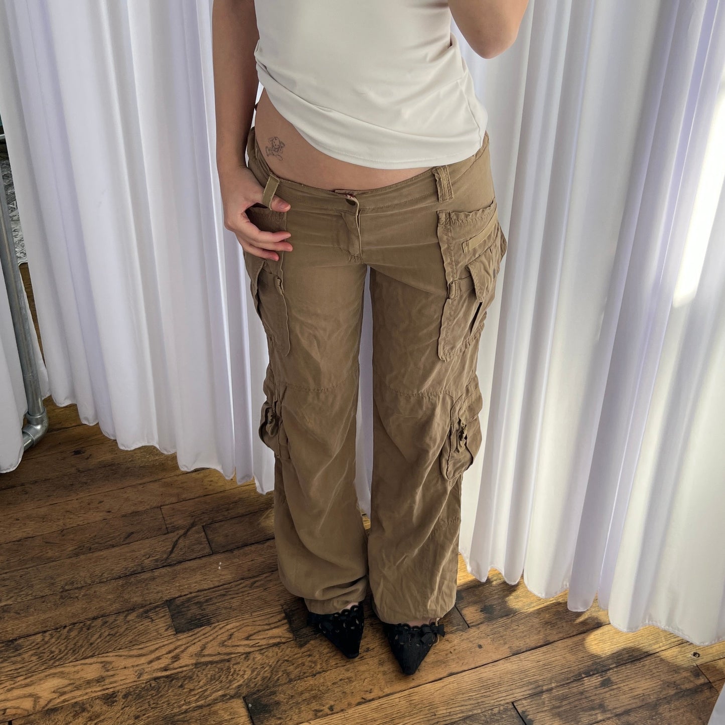 Vintage Da-Nang Silk Blend Tan Brown Drawstring Hem Cargo Trousers