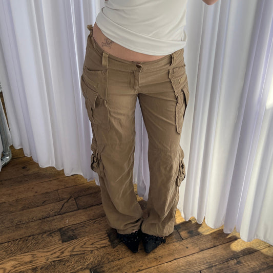 Vintage Da-Nang Silk Blend Tan Brown Drawstring Hem Cargo Trousers
