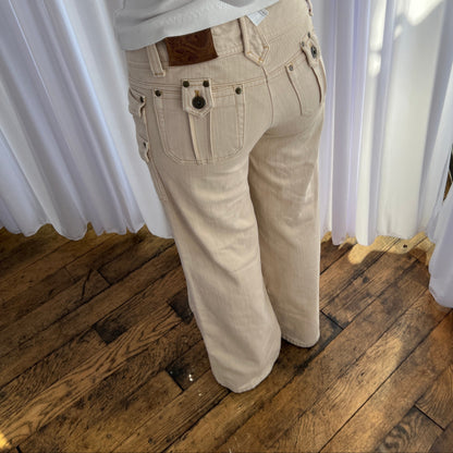 Fragile Ivory Beige Mid Rise Layered Pocket Straight Leg Denim Trousers