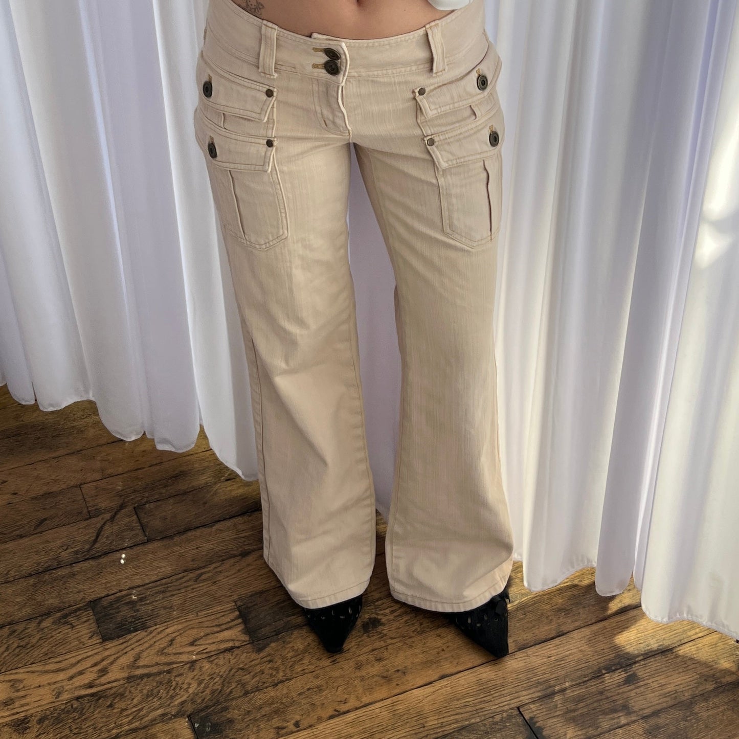 Fragile Ivory Beige Mid Rise Layered Pocket Straight Leg Denim Trousers