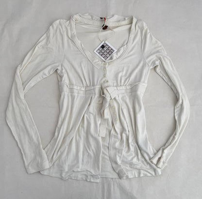 Cop Copine White Collared Long Sleeve Front Ribbon Tunic Blouse