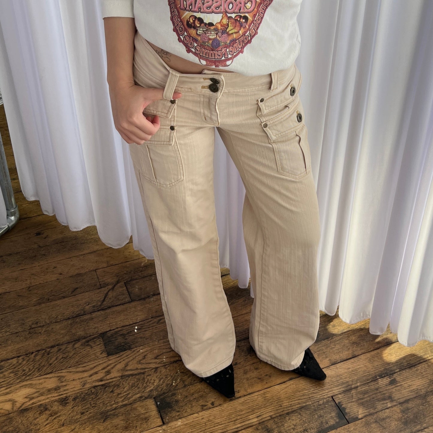 Fragile Ivory Beige Mid Rise Layered Pocket Straight Leg Denim Trousers