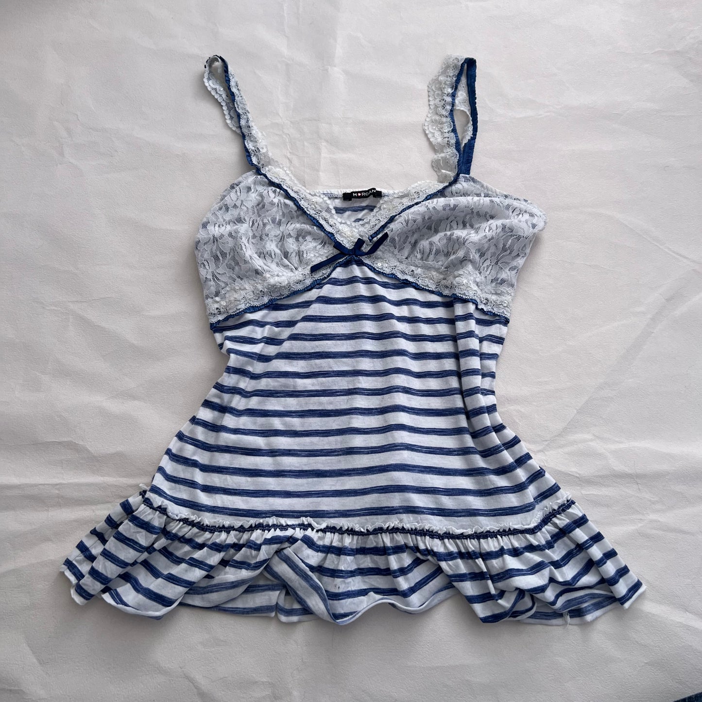 Morgan De Toi Lacey Blue White Striped Ruffle Hem Camisole
