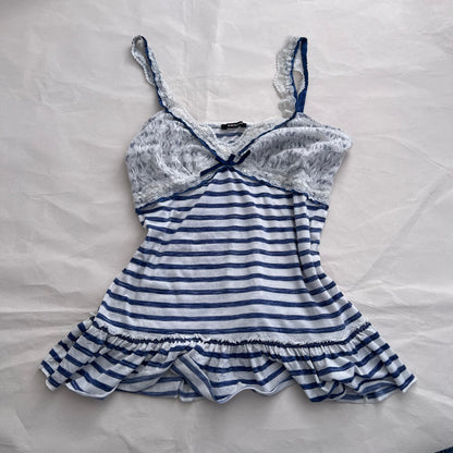 Morgan De Toi Lacey Blue White Striped Ruffle Hem Camisole