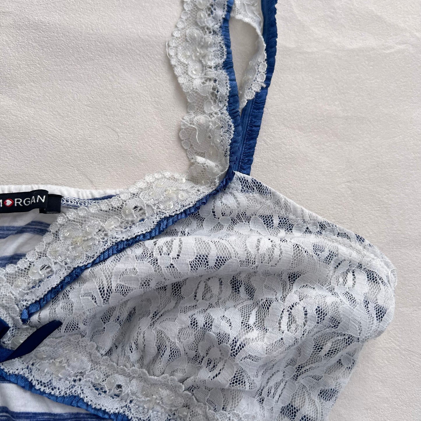 Morgan De Toi Lacey Blue White Striped Ruffle Hem Camisole
