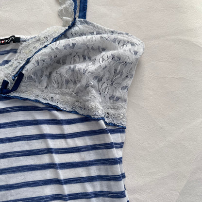 Morgan De Toi Lacey Blue White Striped Ruffle Hem Camisole