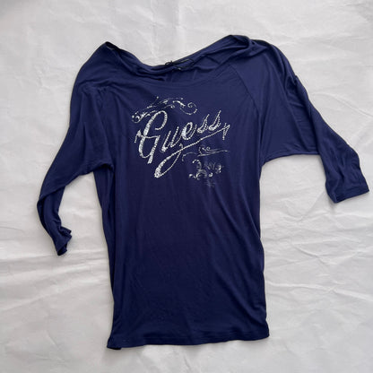 Guess Navy Silver Italic Stud Light Batwing Half Sleeve Tunic Top