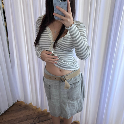 Diesel Grey Faded Denim Tan Beige Built In Grommet Belt Wrap Midi Skirt