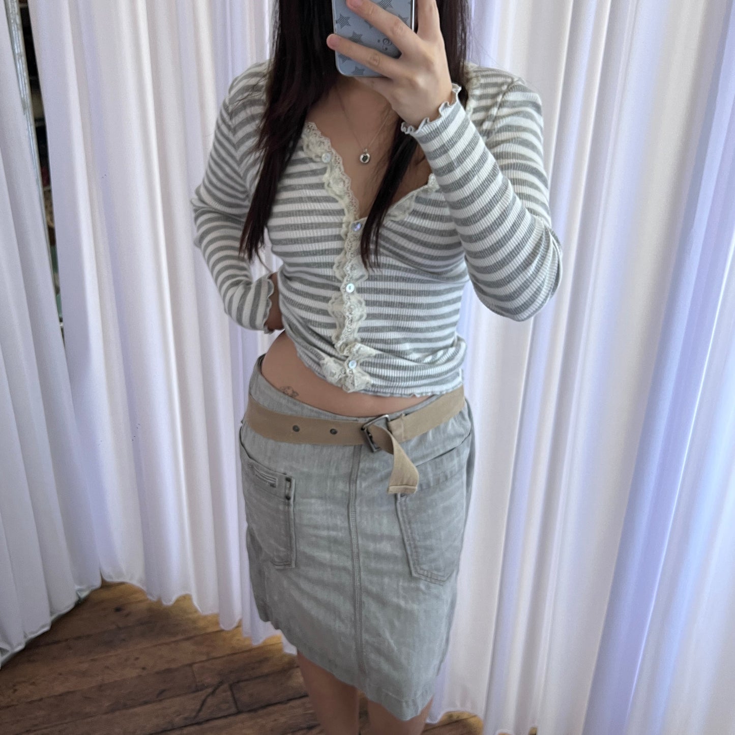 Diesel Grey Faded Denim Tan Beige Built In Grommet Belt Wrap Midi Skirt