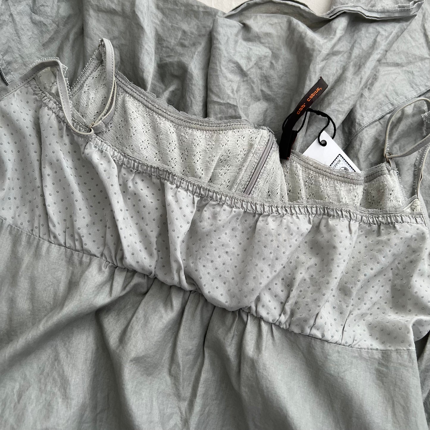 Cop Copine Grey Utility Picot Lace Zip Asymmetric Ruched Drop Waist Midi Dress