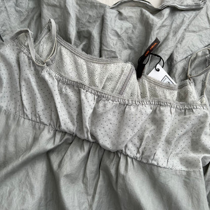 Cop Copine Grey Utility Picot Lace Zip Asymmetric Ruched Drop Waist Midi Dress