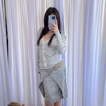 Diesel Grey Faded Denim Tan Beige Built In Grommet Belt Wrap Midi Skirt