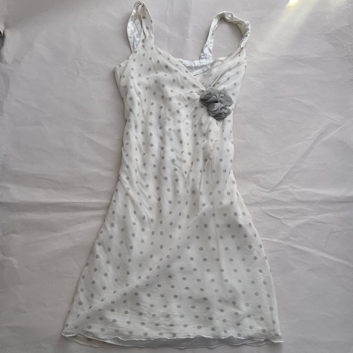 Eurosummer Xavanne White Grey Rosette Silk Polka Dot Wrap Bust Midi Dress