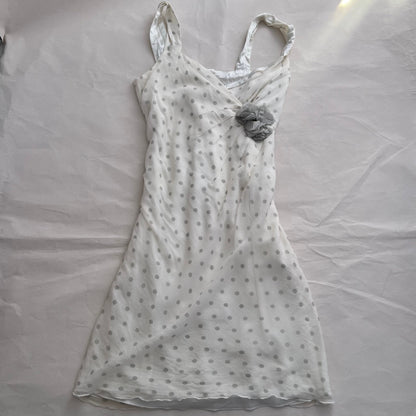 Eurosummer Xavanne White Grey Rosette Silk Polka Dot Wrap Bust Midi Dress